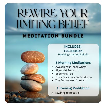 Meditation bundle advertisement with stacked stones on a beach